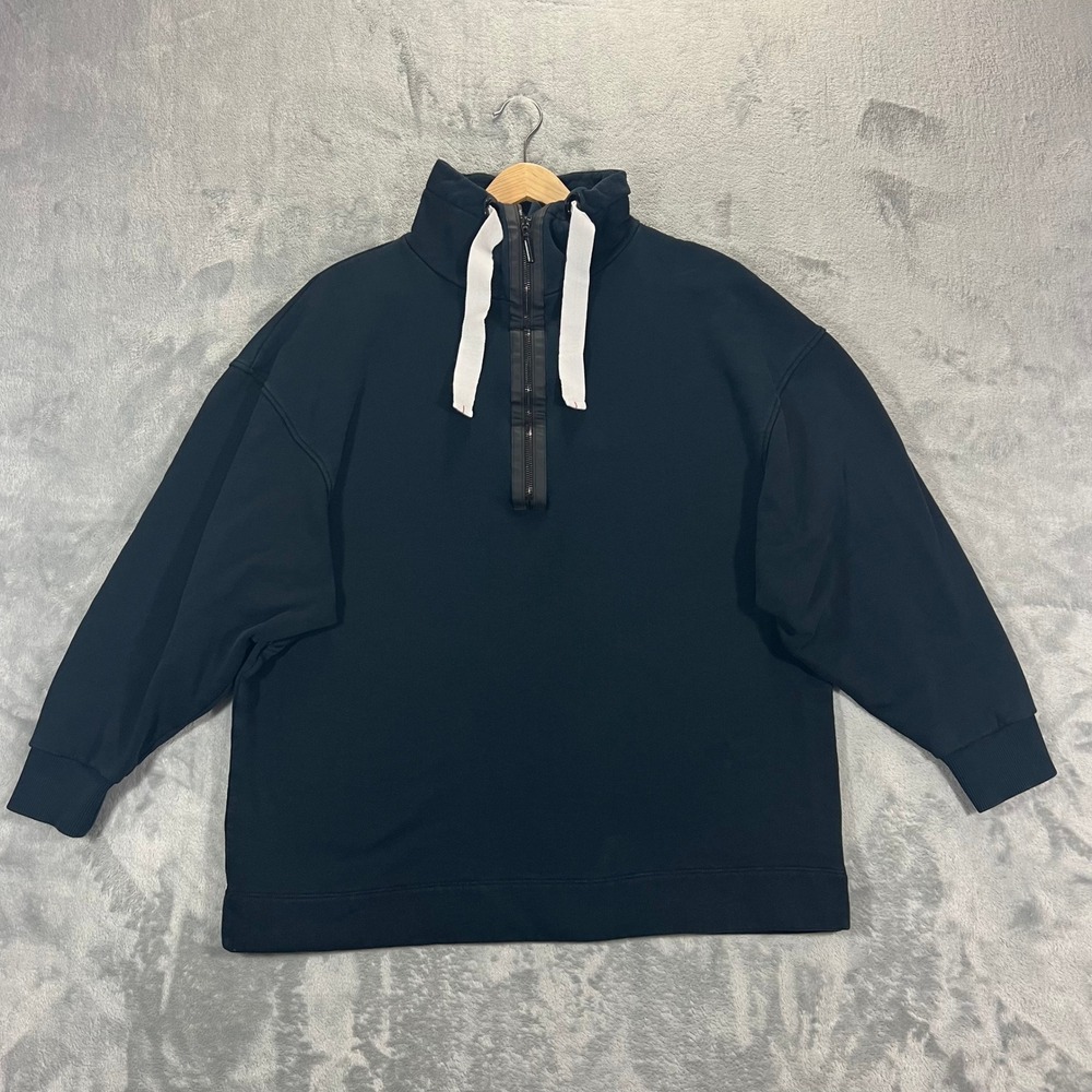 Sisley 1/4 Zip Pullover Sweater Womens XS Navy Blue Oversized Cotton Logo 1968